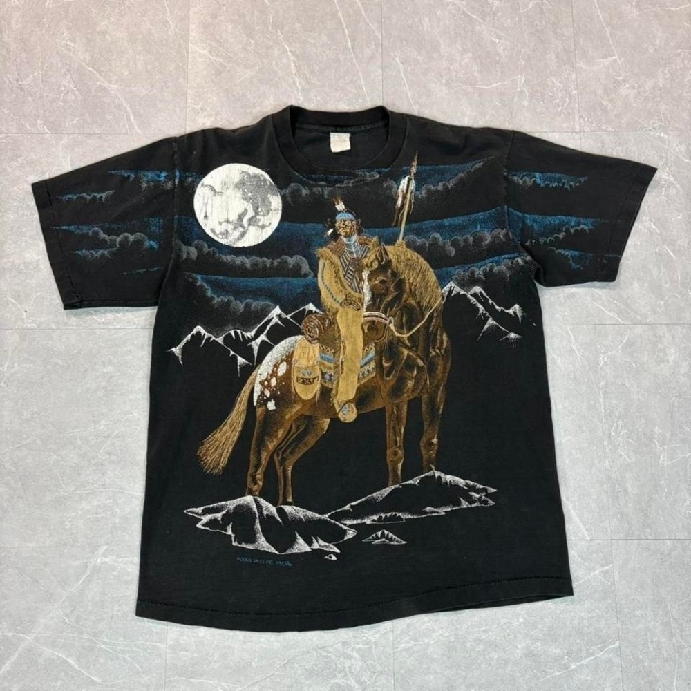 1994 Native American Indian Warrior Horse all over print black T-Shirt